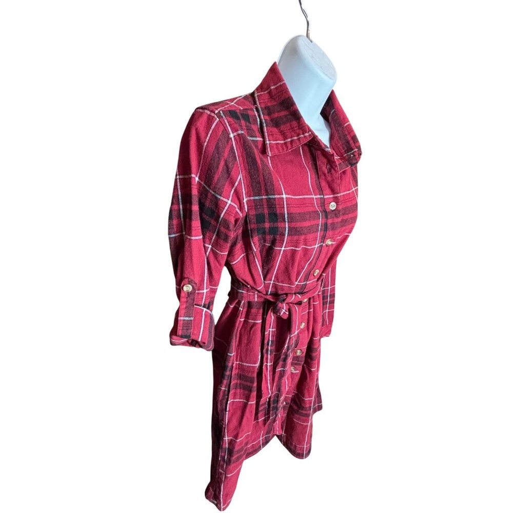 Stillwater Supply Co. Red Plaid Button-Down Belted Shirt Dress M Cotton Blend Wo - Picture 12 of 13